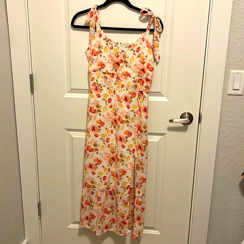 Abercrombie midi summer floral dress with tie up shoulder straps & side cut